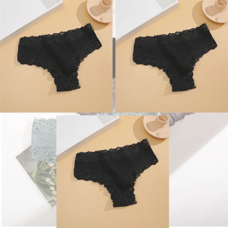 FINETOO 3er-Pack Damen Baumwollunterwäsche Slips Sexy Spitze Brasilianischer Slip Niedrige Taille Blumenmuster Einfarbig G-String Atmungsaktive Dessous