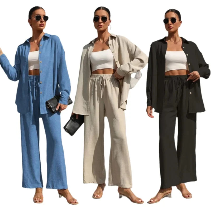Große Größen Casual Locker Zweiteiler Weites Bein Hose Langarmshirt Hellbeige Street Style Elegant Qualität Polyester Somm...