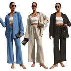 Große Größen Casual Locker Zweiteiler Weites Bein Hose Langarmshirt Hellbeige Street Style Elegant Qualität Polyester Somm...