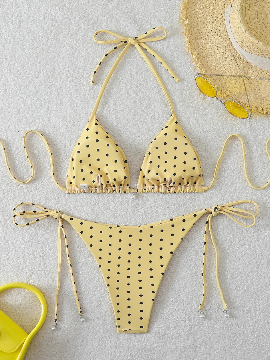 Sexy Micro-Bikini-Sets mit Perlenpunktdruck, Bademode 2026, Badeanzug für Damen, Strandkleidung, Damen Strand Sommer Bikini, zweiteiliger Badeanzug