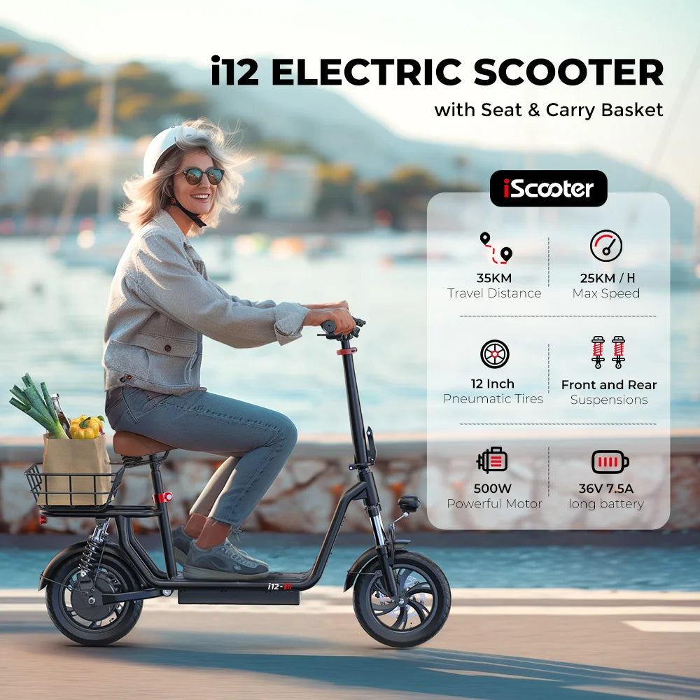 ISCOOTER i12 Elektroroller für Erwachsene 500W Motor E-Scooter 36V7.5AH Akku Elektroroller 12 Zoll Straßenreifen Elektroroller