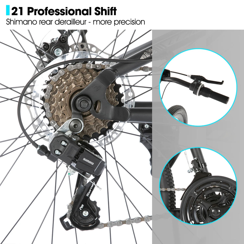Hiland Mountainbike mit Vollfederung für Herren, 21 Gänge, 26 Zoll Laufrad, Scheibenbremsen vorne und hinten, für Herren, Damen, Erwachsene