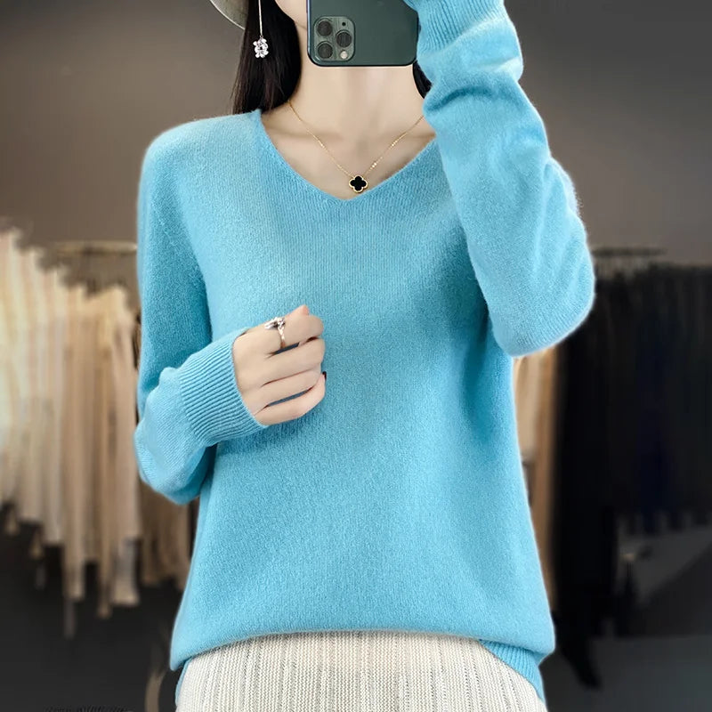 Damen 100% Merinowolle Pullover V-Ausschnitt Basic Pulli Herbst Winter Kaschmir Kleidung Langarm Weiche Strickware Oberteile Unifarben