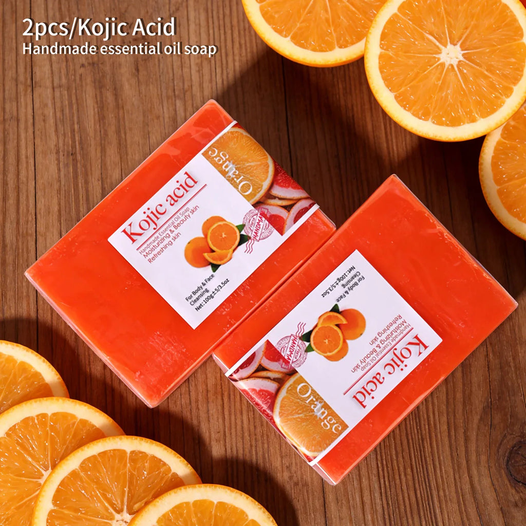 2 Stück/100 g Kojisäure Süßorange Handgemachte Ätherisches Öl Seife Reinigt sanft Gesicht und Körper Handgemachte Seife