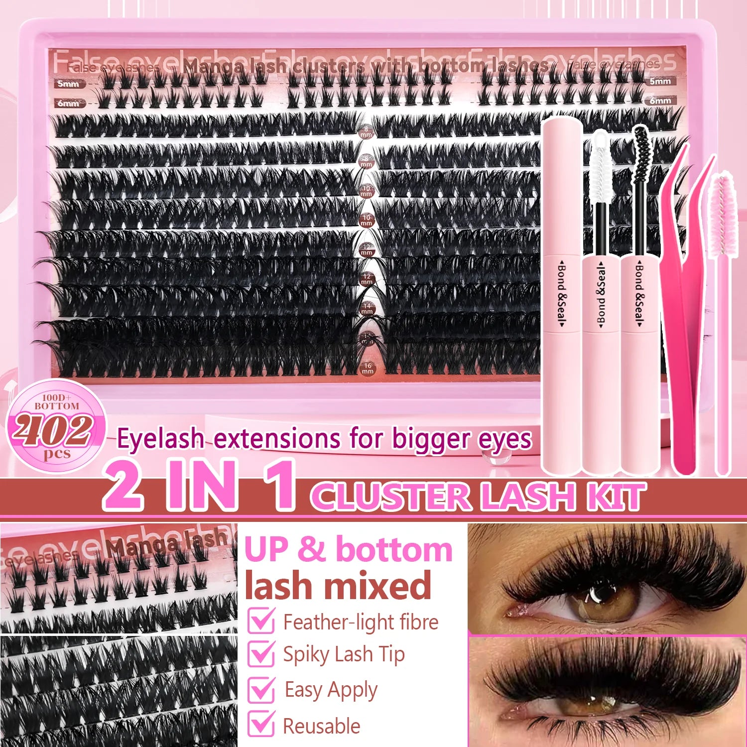 60/402PCS 100D Wimpernset mit unteren Wimpern, dick und angenehm zu tragen für den Alltag, Party, Hochzeit, Abend-Make-up, Wimpernverlängerungen