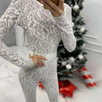 Elegante Damen-Büro-Hose, gerader Schnitt, sexy Overall mit O-Ausschnitt, Spitze, figurbetont, Club-Jumpsuit, Herbst, lässig, langärmelig, hohe Taille, Romper