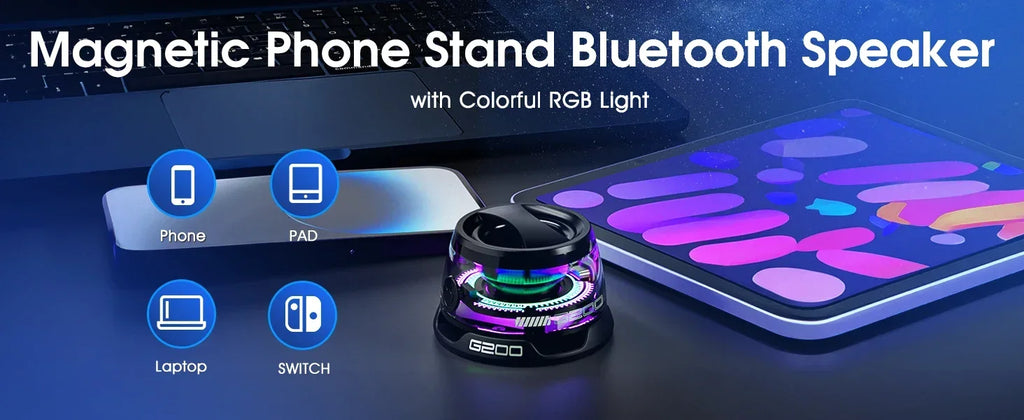 VIKEFON Tragbarer Mini Bluetooth Lautsprecher G200 RGB-Beleuchtung Magnetischer Lautsprecher BT5.3 Mini Sound Box 7 Stunden Wiedergabe Handyhalter