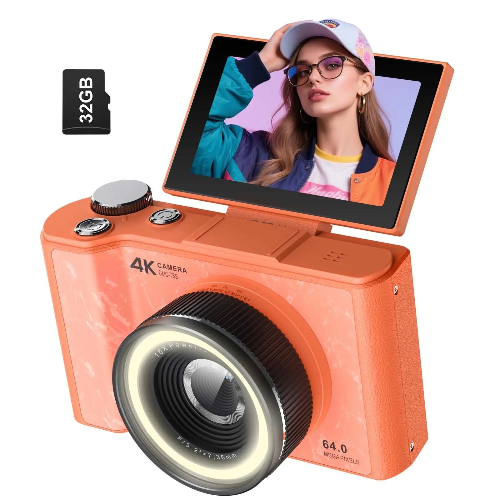 4K-Vlogging-Kamera, 180° drehbarer Bildschirm, Ringlicht & Beauty-Modus, Digitalkamera für Anfänger, 32-GB-SD-Karte enthalten, Weihnachtsgeschenk