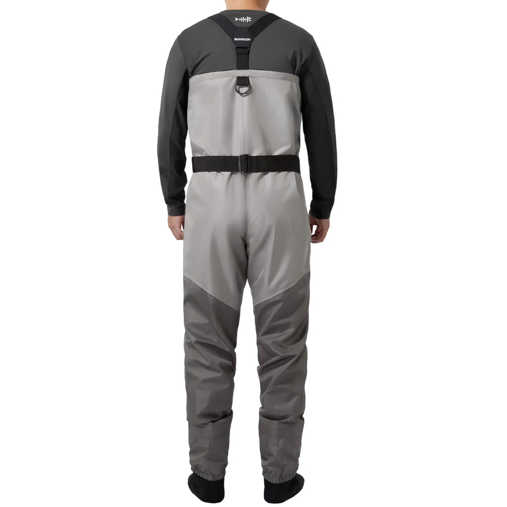 BASSDASH Anglerwathose leicht, mit angesetzten Füßlingen, FW08, für Herren, atmungsaktive Wathose, wasserdicht, zum Fliegenfischen, Brusthöhe