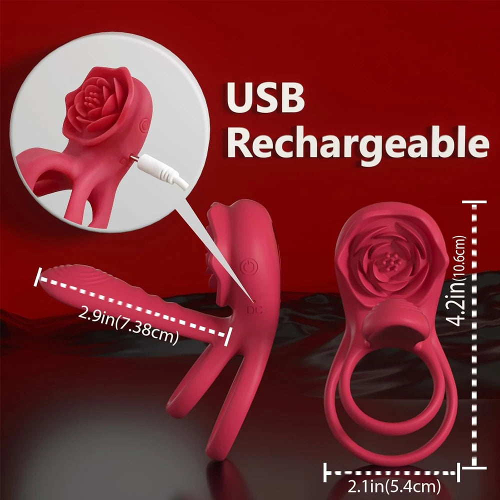 Rosen-Penisring Vibrator für Frauen G-Punkt Klitoris-Stimulation Männer Ejakulationsverzögerung Silikon-Hodenring Sexspielzeug für Paare