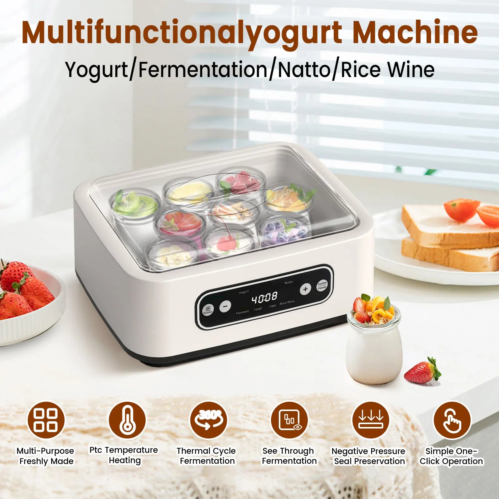 Umweltfreundlicher Probiotischer Joghurtbereiter mit Timer Intelligente Konstanttemperatur-Fermentiermaschine für Joghurt, Natto, Reiswein