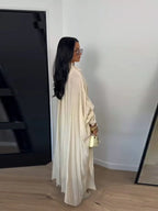 Maxikleid Damenkleider Fledermausärmel Beige Rüschen Bindekragen Plissiert Oversized Damenbekleidung Freizeitkleidung Sommer-Outfit