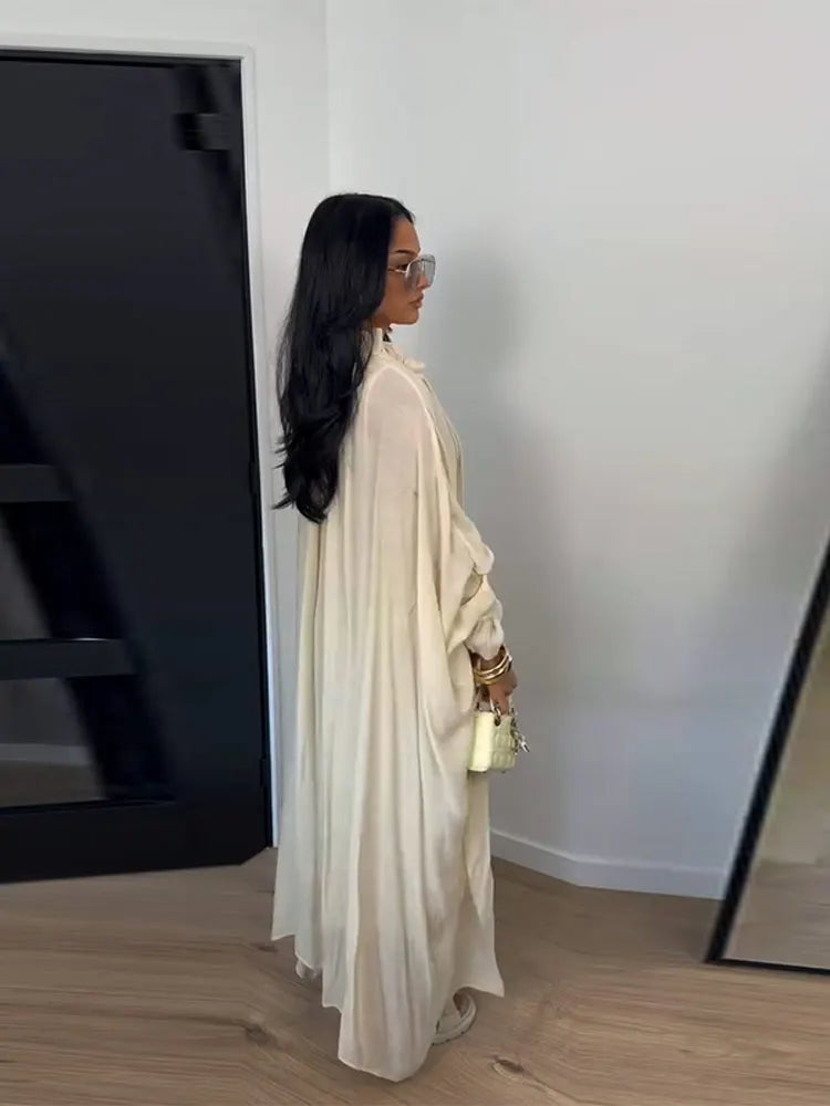 Maxikleid Damenkleider Fledermausärmel Beige Rüschen Bindekragen Plissiert Oversized Damenbekleidung Freizeitkleidung Sommer-Outfit