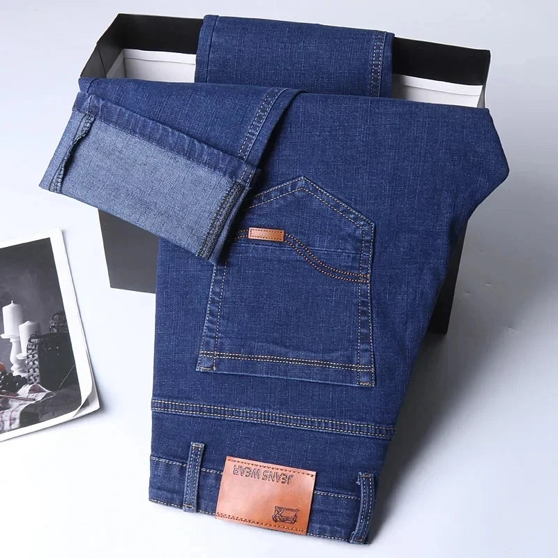 2025 Neue Herren Stretch Jeans Herren Klassische Elastische Business Jeans Herren Mode Bequeme Einfarbige Schmale Straight Lange Denim Hose