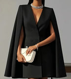 Damenkleider 2025 Frühling Herbst Neu Pendler Doppelreihiger Schalkragen Cape Einfarbig V-Ausschnitt Minikleid Mode Damenbekleidung