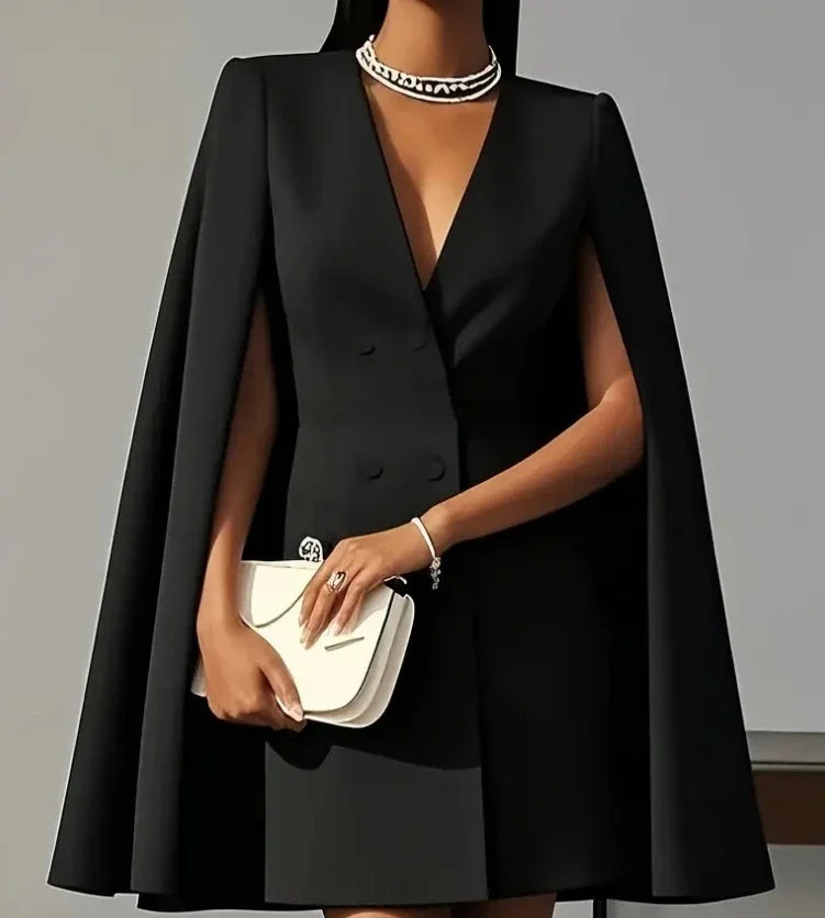 Damenkleider 2025 Frühling Herbst Neu Pendler Doppelreihiger Schalkragen Cape Einfarbig V-Ausschnitt Minikleid Mode Damenbekleidung