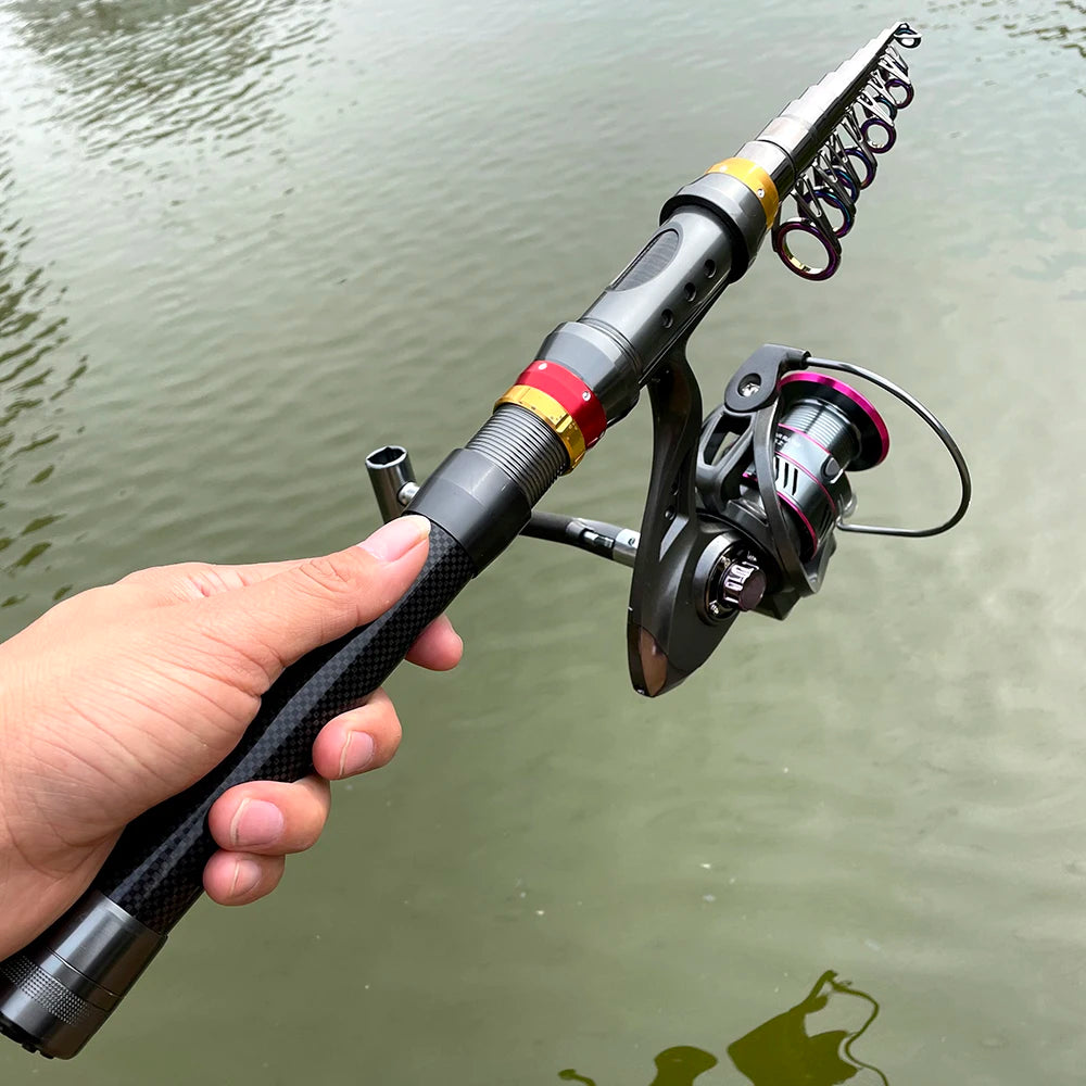 1.8-3.6m Kohlefaser Angelrute und Rollen-Set, superharte Teleskop-Angelrute, Spinnrollen-Set, max. Widerstand 3-8kg Pesca
