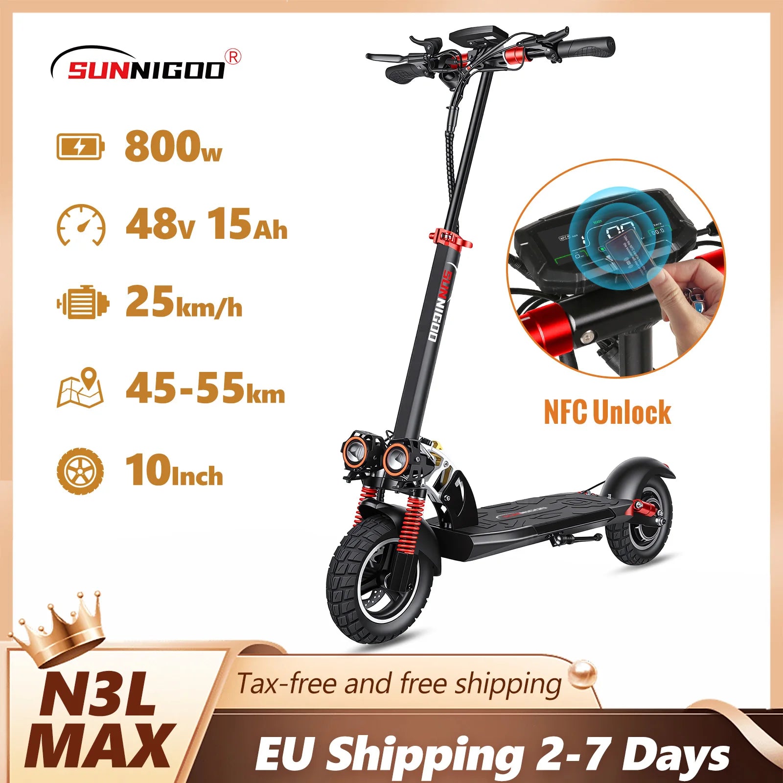 SUNNIGOO 800W Elektroroller für Erwachsene – 25 km/h hohe Geschwindigkeit, 45-55 km große Reichweite, 10 Zoll Offroad-Reifen, faltbarer Pendler-E-Scooter Hauptbild