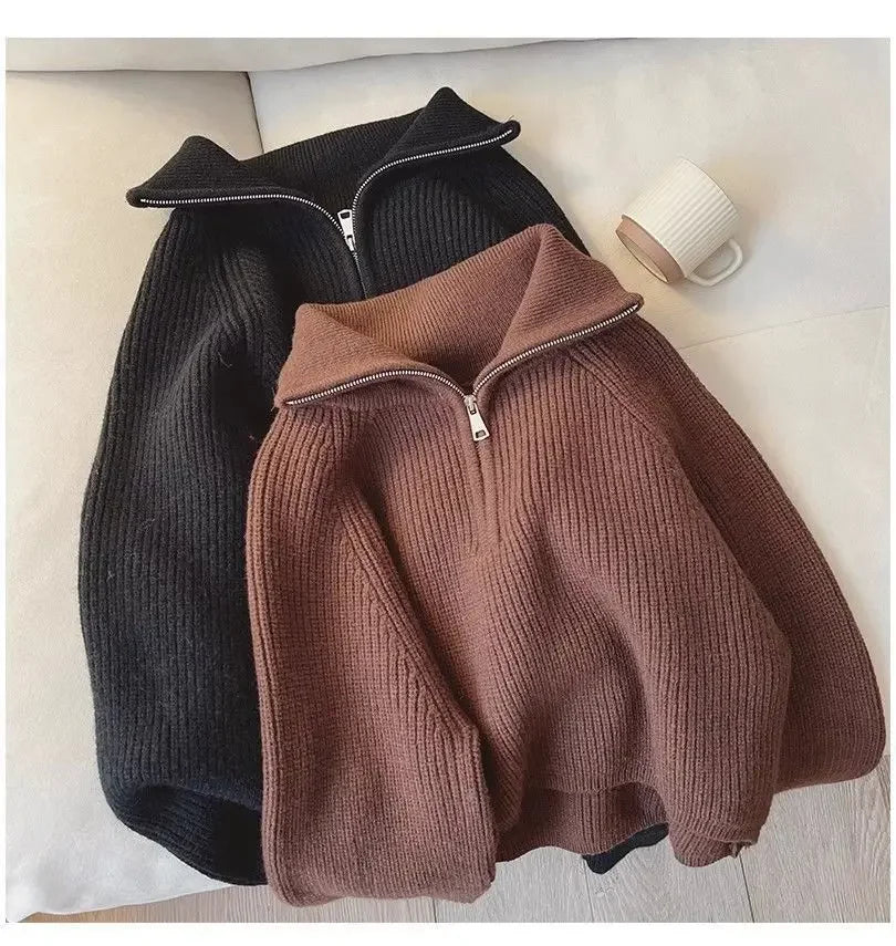 Damen Half-Zip Kragen Pullover Weicher Strick Langarm Kurzer Pulli Herbst Winter Teenager-Mädchen Koreanisches Mode-Outfit