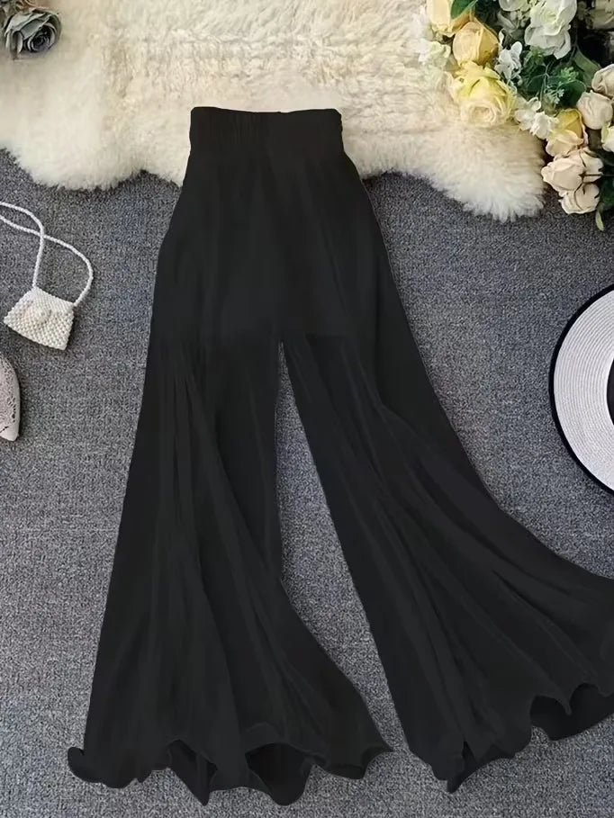 Summer solid color chiffon wide leg pants for women, high waisted, elastic waistband, flowing and slimming, casual pants