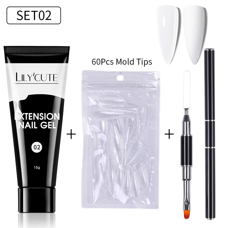LILYCUTE 15ml Verlängerungsgel-Nagellack-Set Quick Nail Prolong mit Verlängerungsform-Nagelspitzen Acryl-Lösung Maniküre-Werkzeug-Kit