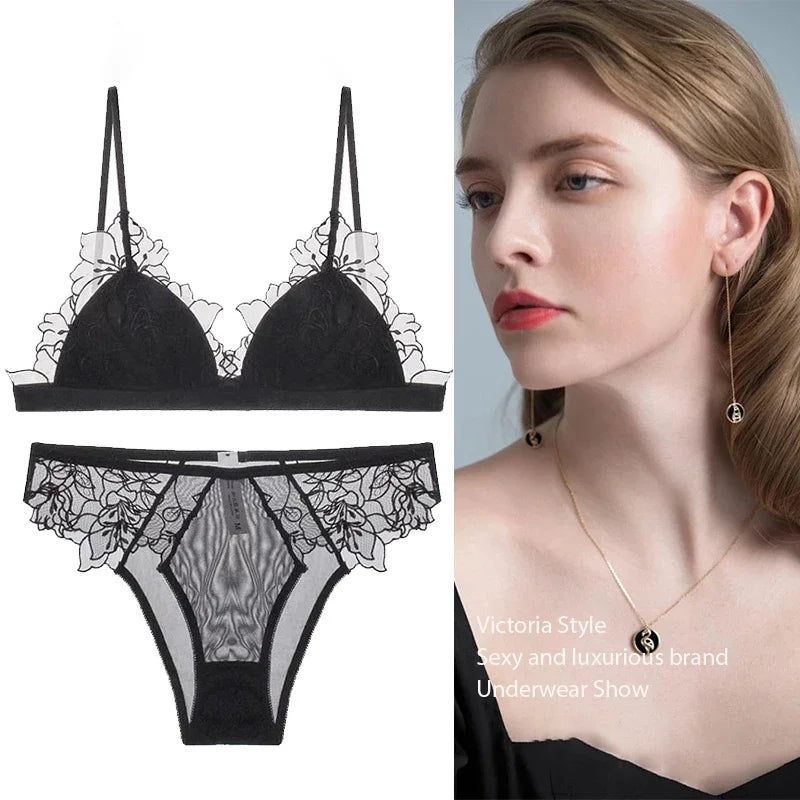 BANERDANNI Pure Desire Victoria Französische Spitzenbestickte Dessous Frauen dünne Cups Triangel-BH Set Bequem ohne Bügel