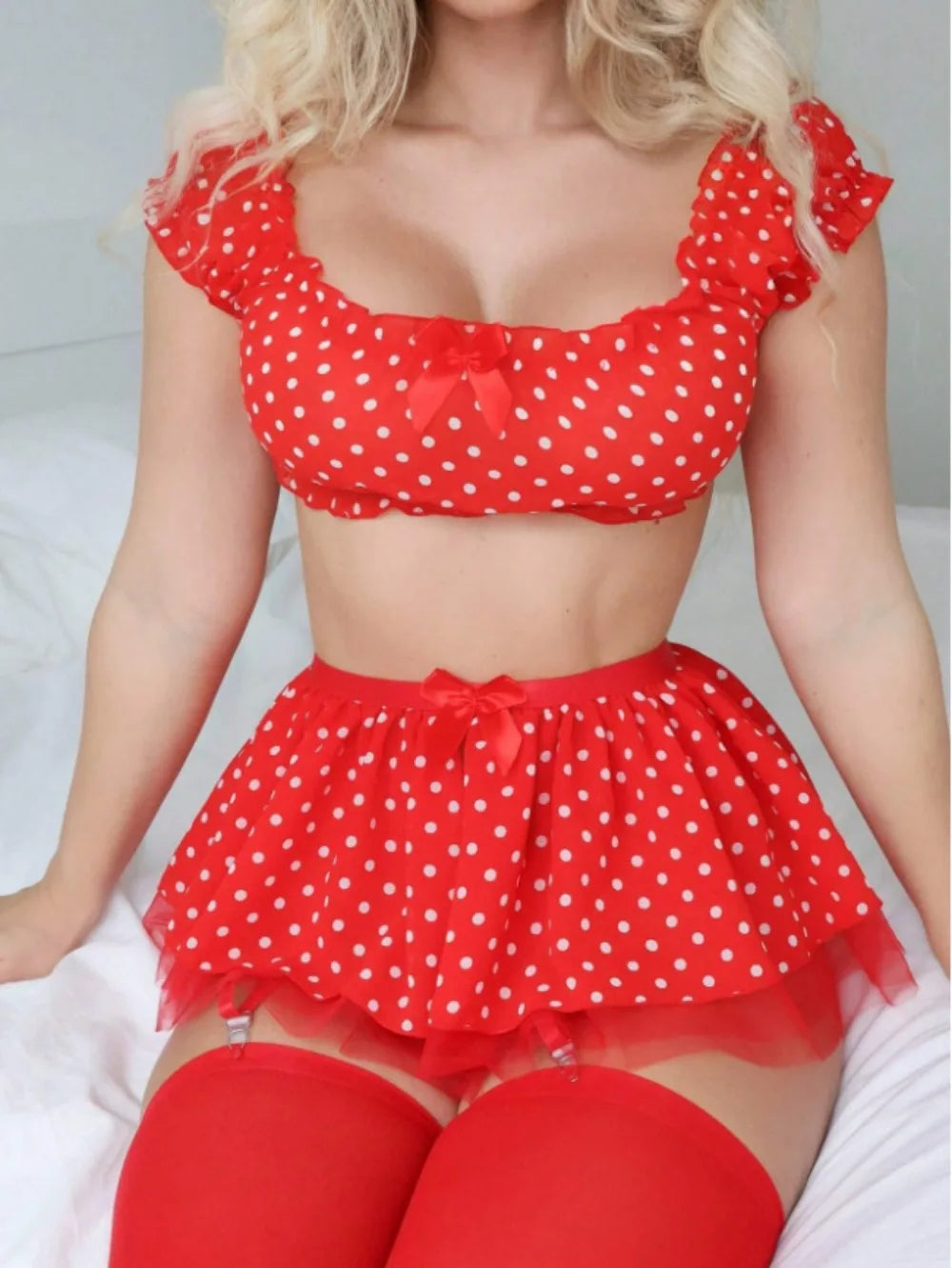 Gepunktetes sexy Tutu Damen Dessous Set Hochwertig, modisch und exquisit, schulterfreies zweiteiliges Set mit Schlitz