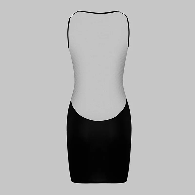 Y2K E-Girl Mesh-Panel V-Ausschnitt Bodycon Minikleid Damen Schwarz Ärmellose Clubwear