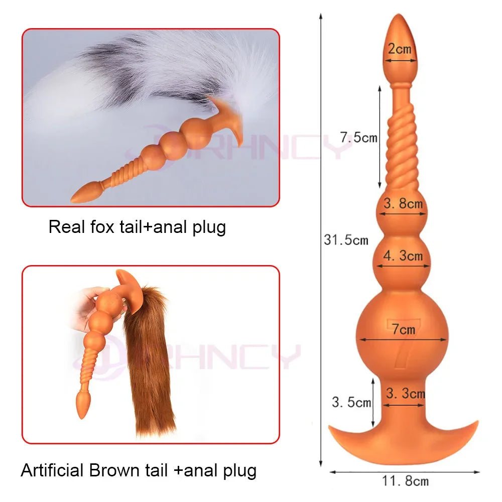 3-10cm Großer Analsex Plug mit Schwanz Sexspielzeug für Erwachsene Spiele Paare DIY Cosplay Großer Butt Plug Silikon Weich Lang Anal Beads Frauen