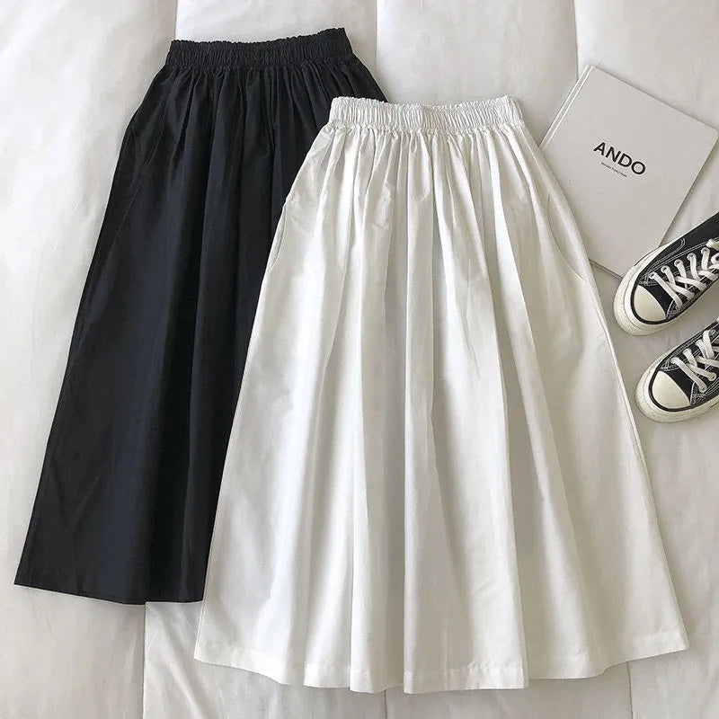 Damen Schwarzer Rock Midi High Waist Korean Style Plissiert A-Linie Vintage Kleidung 2026 Neue Sommer Casual Mode Damen Arbeitskleidung
