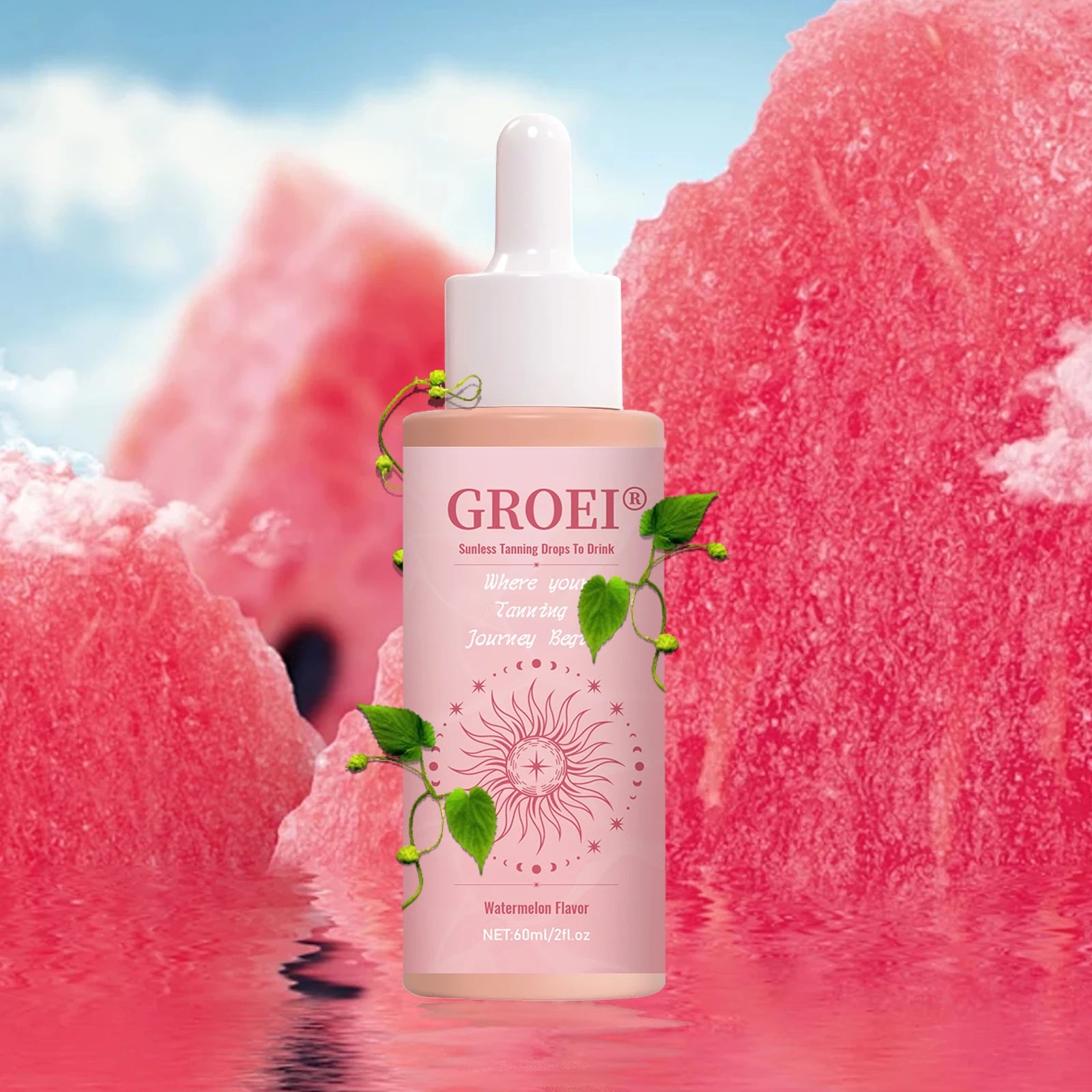 GROEI 60ml Selbstbräunertropfen zum Trinken – Natürlicher Wassermelonengeschmack, kein Sonnenlicht erforderlich, einfach anzuwendende Lösung für strahlende Haut