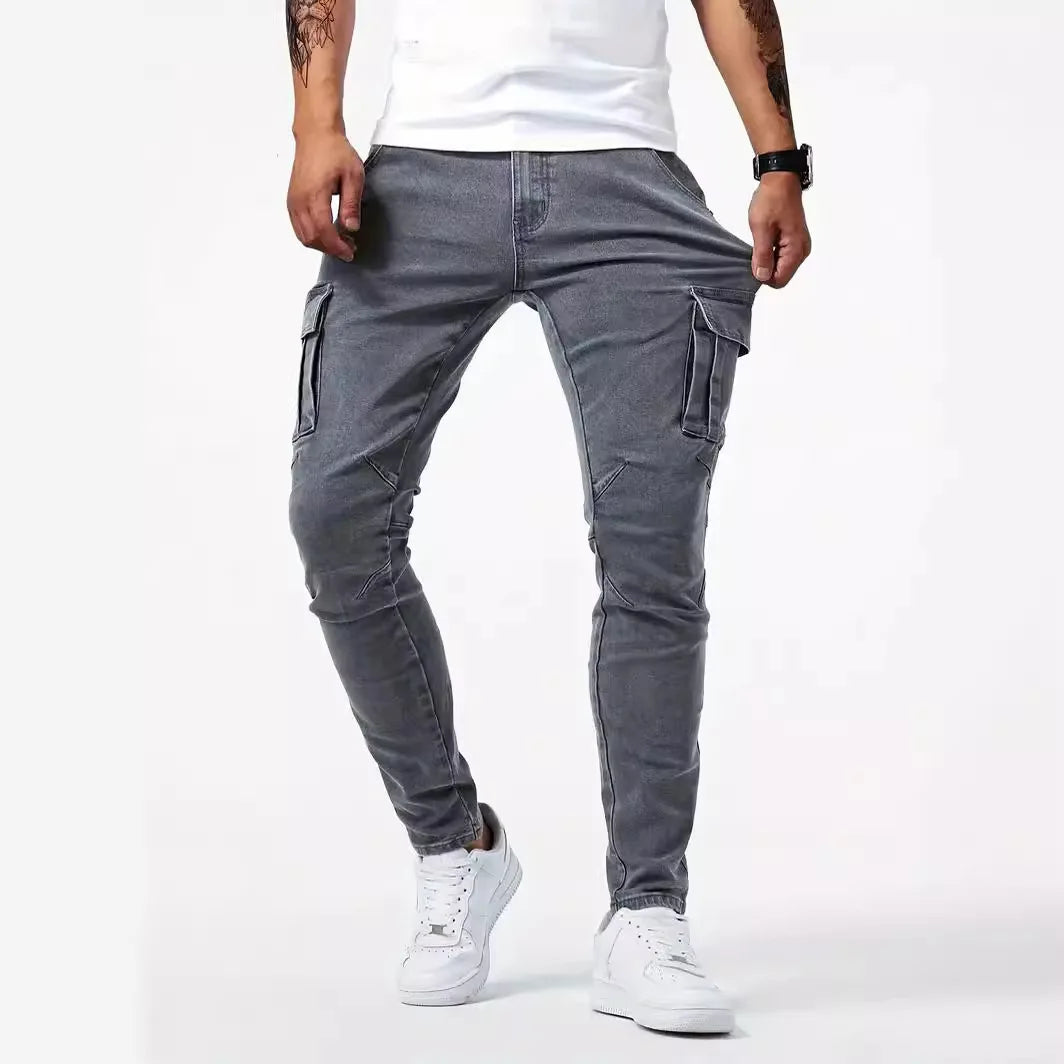 Men's street stretch denim jeans, washed solid color multi pocket work pants, casual slim fit, daily wear, jogging pants, mid wa