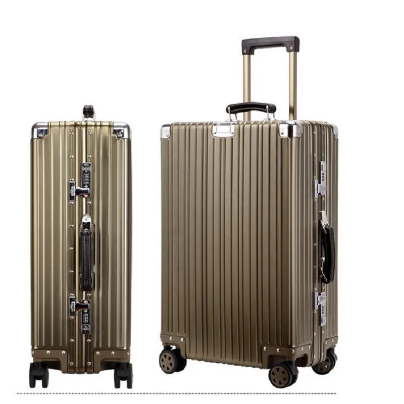 Hochwertiger Vintage-Koffer aus Aluminium-Magnesium-Legierung, 20/24/26/29 Zoll leichter Reise-Trolley mit Ledergriff