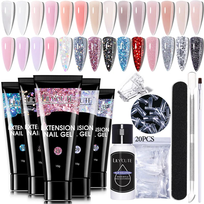 LILYCUTE 15ml Verlängerungsgel-Nagellack-Set Quick Nail Prolong mit Verlängerungsform-Nagelspitzen Acryl-Lösung Maniküre-Werkzeug-Kit