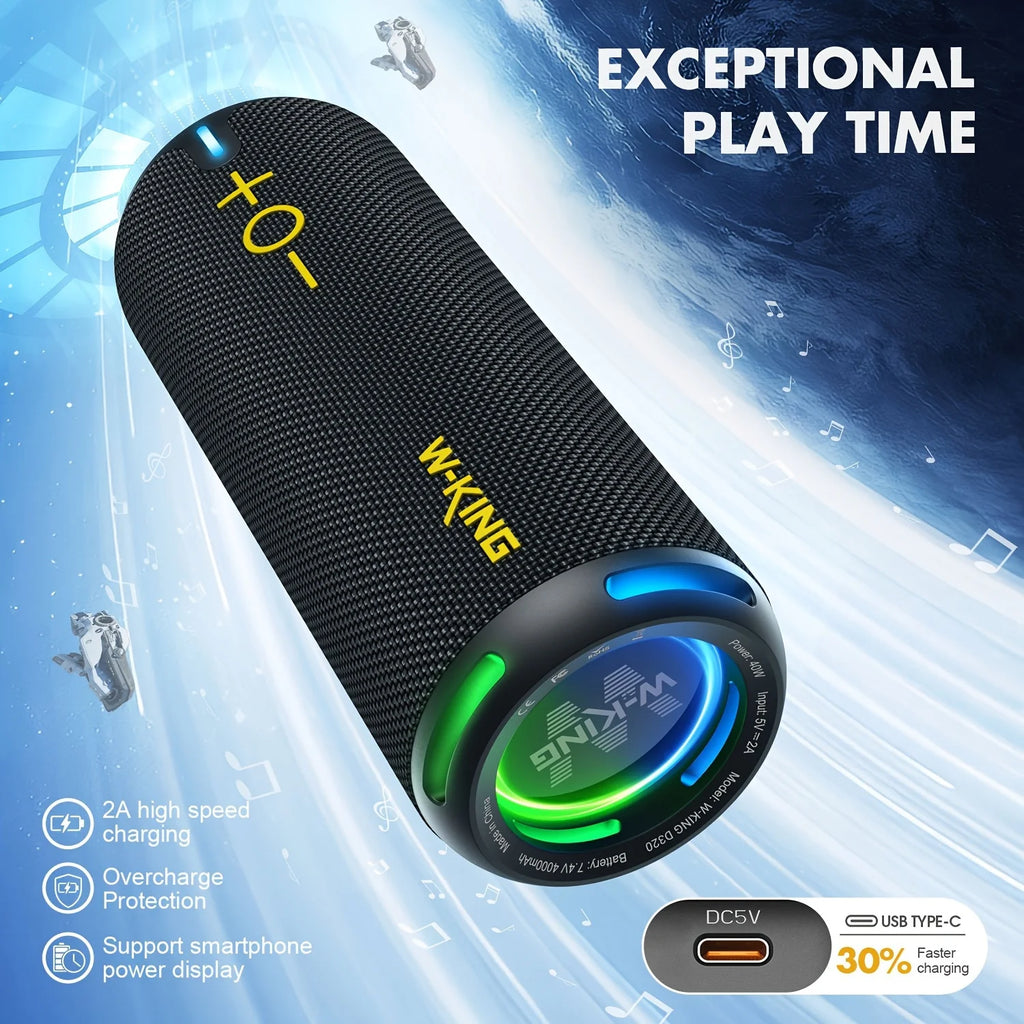 W-KING 40W Bluetooth Lautsprecher, IP67 Wasserdicht, APP-Steuerung, Hochwertiger Klang, TF/AUX, Dynamische Beleuchtung für Party, Outdoor, Dusche