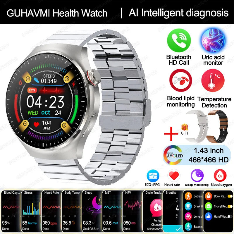 2025 Neue Smartwatch für die Krankenpflege: Blutsauerstoff, Blutfett, Harnsäure, EKG+PPG, Körpertemperatur, Bluetooth-Anruf, Gesundheits-Smartwatch