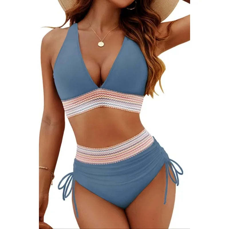 Sexy tiefer V-Ausschnitt Bikini Set Damen 2026 Sommer Strand mit Brustpolster Bademode High Waist Kordelzug Triangel Bikini