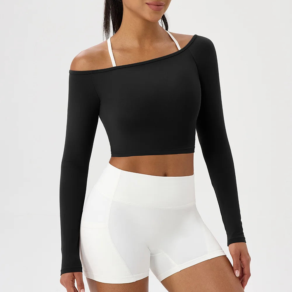 Yoga Langarm T-Shirt Damen Ein-Schulter Sexy Eng Anliegende Fitness-Oberteile Nude-Feel Schnelltrocknendes Sport Langarm Yoga Shirts