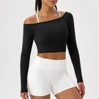 Yoga Langarm T-Shirt Damen Ein-Schulter Sexy Eng Anliegende Fitness-Oberteile Nude-Feel Schnelltrocknendes Sport Langarm Yoga Shirts
