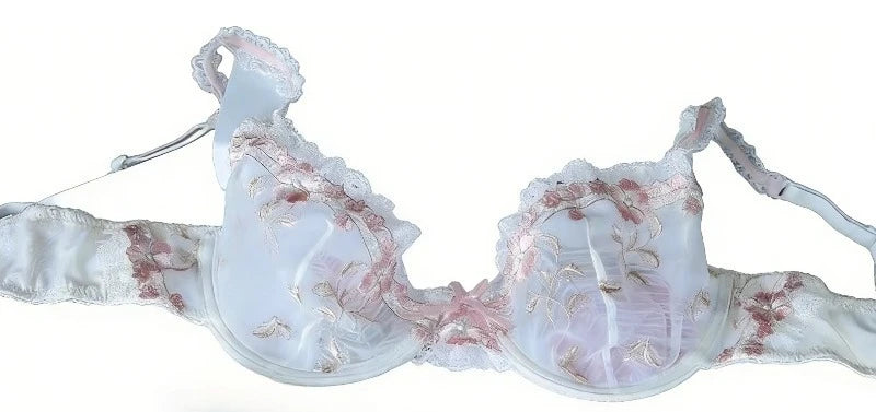 Französischer Minimizer-BH-Set | Große Größe, ungefüttert, Spitze, Halb-Cup, große Körbchen, dünn, Anti-Schwerkraft, transparenter Dessous-Set BANERDANNI BHs