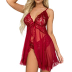 Neues Deep V Slip-Kleid, String-BH und Slip Set, Nachthemd, kontrastierende Spitze, Rüschenbesatz, Dessous-Set, Damen sexy Dessous Unterwäsche