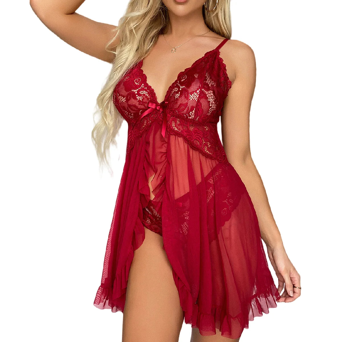 Neues Deep V Slip-Kleid, String-BH und Slip Set, Nachthemd, kontrastierende Spitze, Rüschenbesatz, Dessous-Set, Damen sexy Dessous Unterwäsche