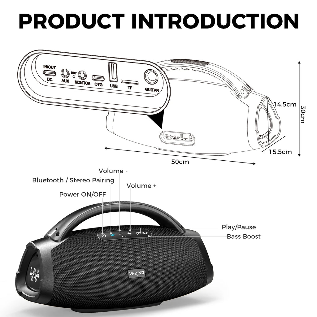 W-KING 200W RMS Portable Bluetooth Lautsprecher, Massive Bass Party Boombox IPX7 Wasserdichter Lautsprecher Groß, Lauter Outdoor Lautsprecher