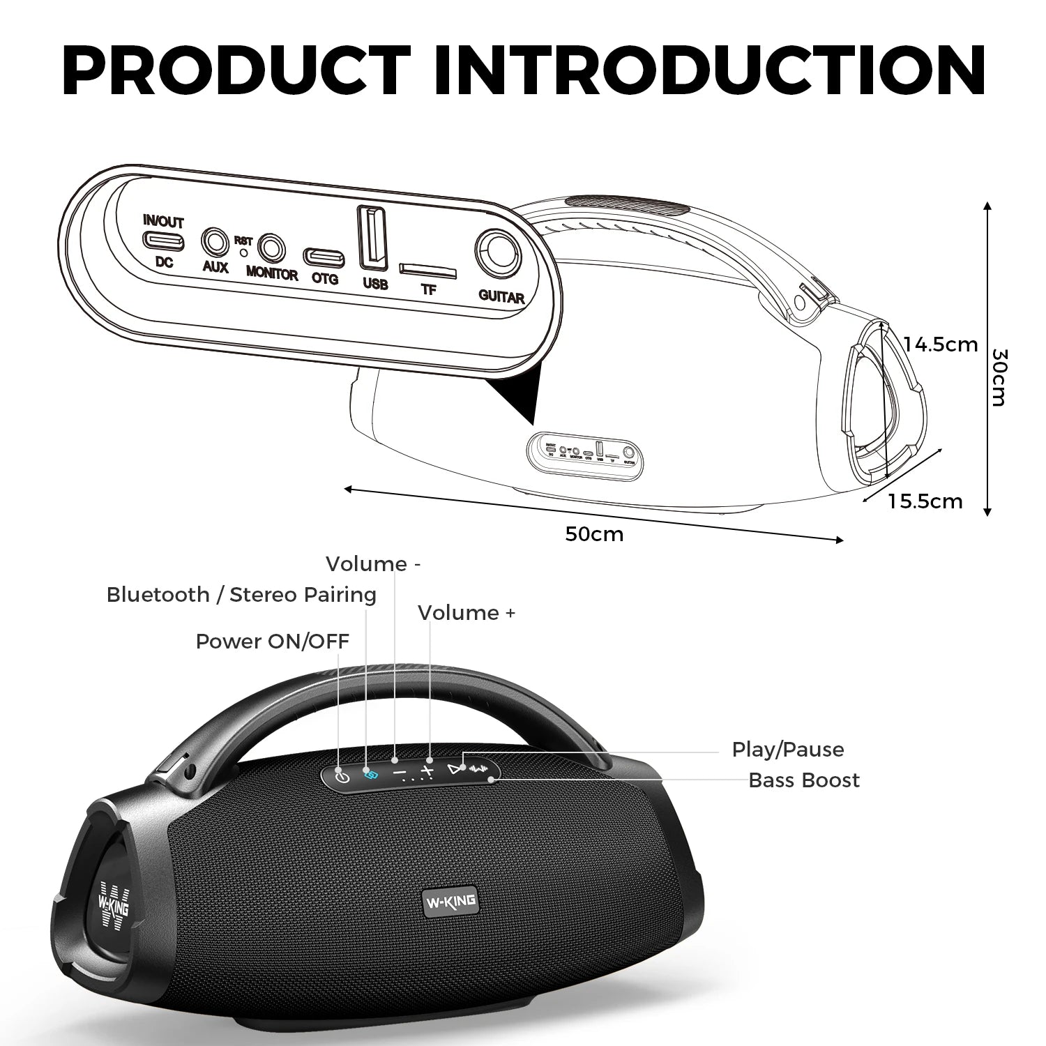 W-KING 200W RMS Portable Bluetooth Lautsprecher, Massive Bass Party Boombox IPX7 Wasserdichter Lautsprecher Groß, Lauter Outdoor Lautsprecher