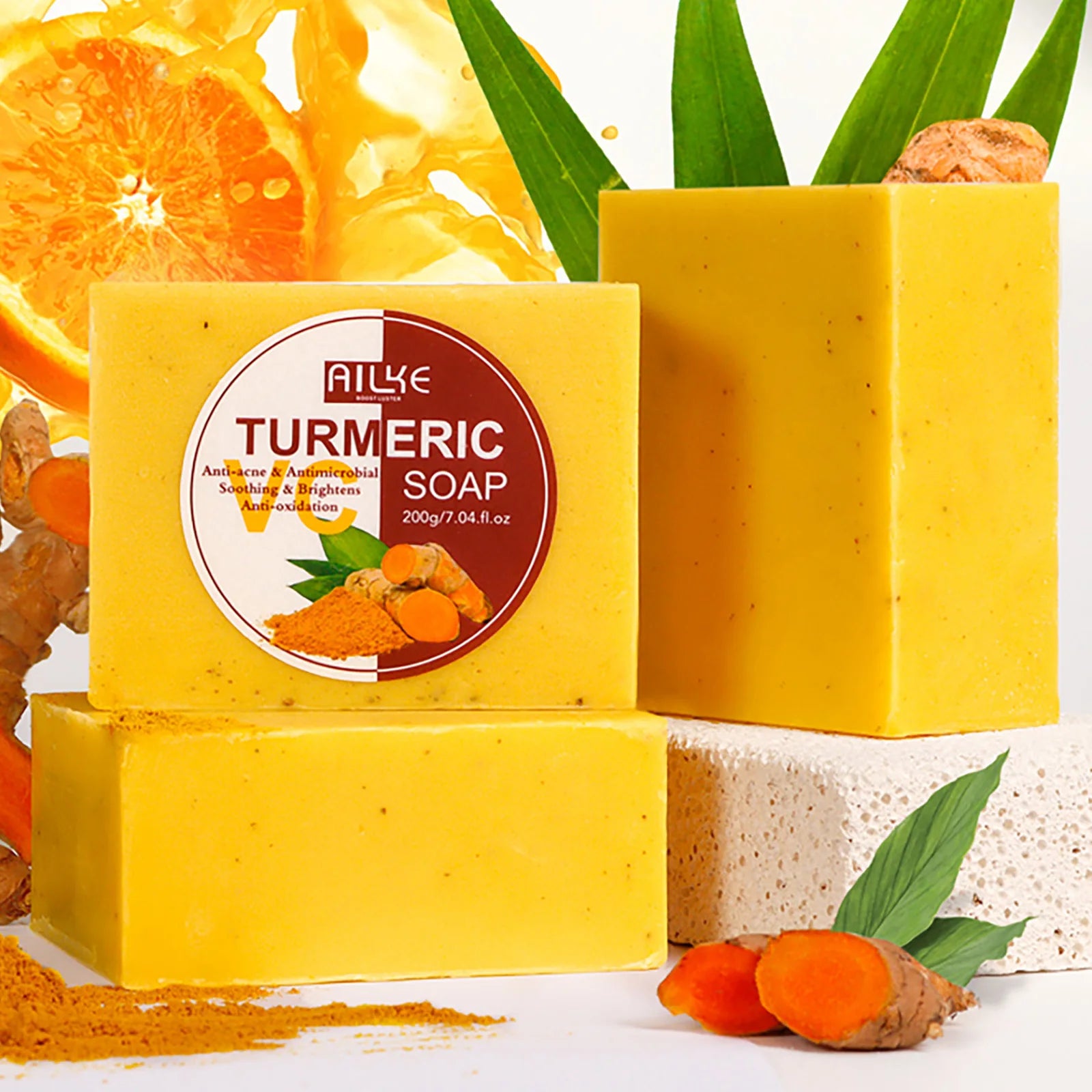 AILKE Natürliche Kurkuma-Badeseife für Gesicht, Körper, Hände, Aufhellung, Reinigung, gleichmäßiger Hautton, gegen dunkle Flecken und Akne, 200g