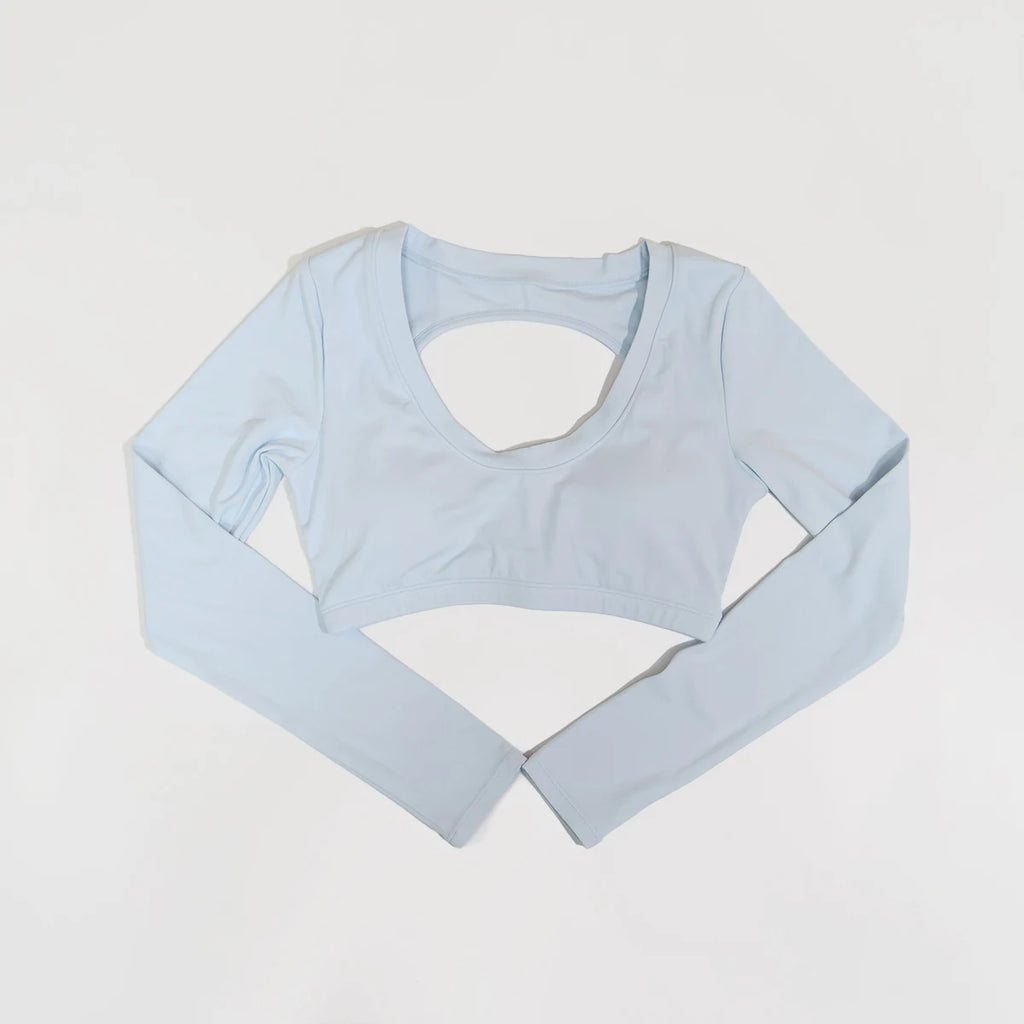 Neue Sommer Damen Rückenloses Langarm Yoga-Top Atmungsaktive weiche Sportbekleidung für Fitness-Training Bequeme Fitnesskleidung für Frauen