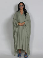 Maxikleid Damenkleider Fledermausärmel Beige Rüschen Bindekragen Plissiert Oversized Damenbekleidung Freizeitkleidung Sommer-Outfit