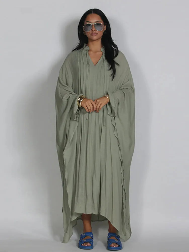 Maxikleid Damenkleider Fledermausärmel Beige Rüschen Bindekragen Plissiert Oversized Damenbekleidung Freizeitkleidung Sommer-Outfit