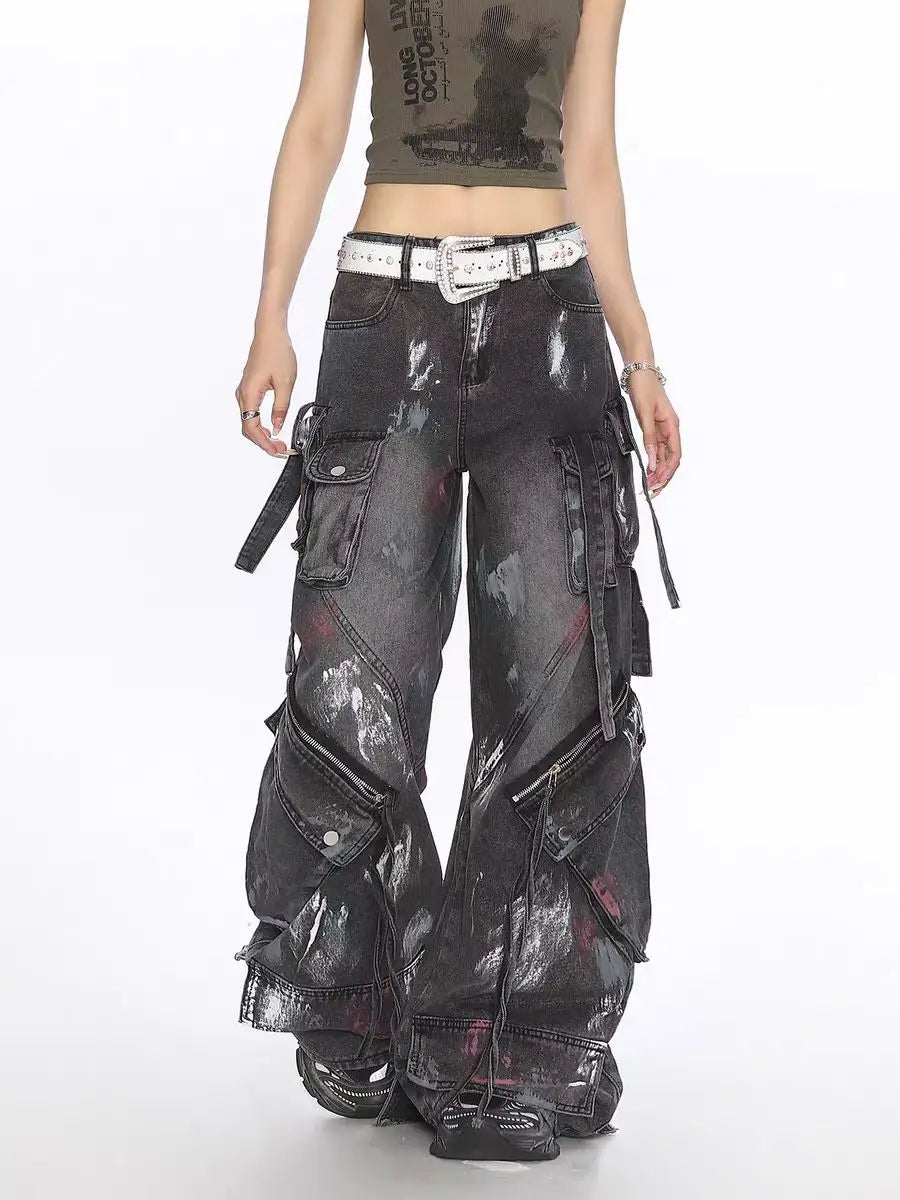 Y2K Harajuku Gothic Multi-Pocket Washed Black Jeans Herren Und Damen 2000er Heavy Industry Drag Pants Street Hip Hop Wide Leg Pants