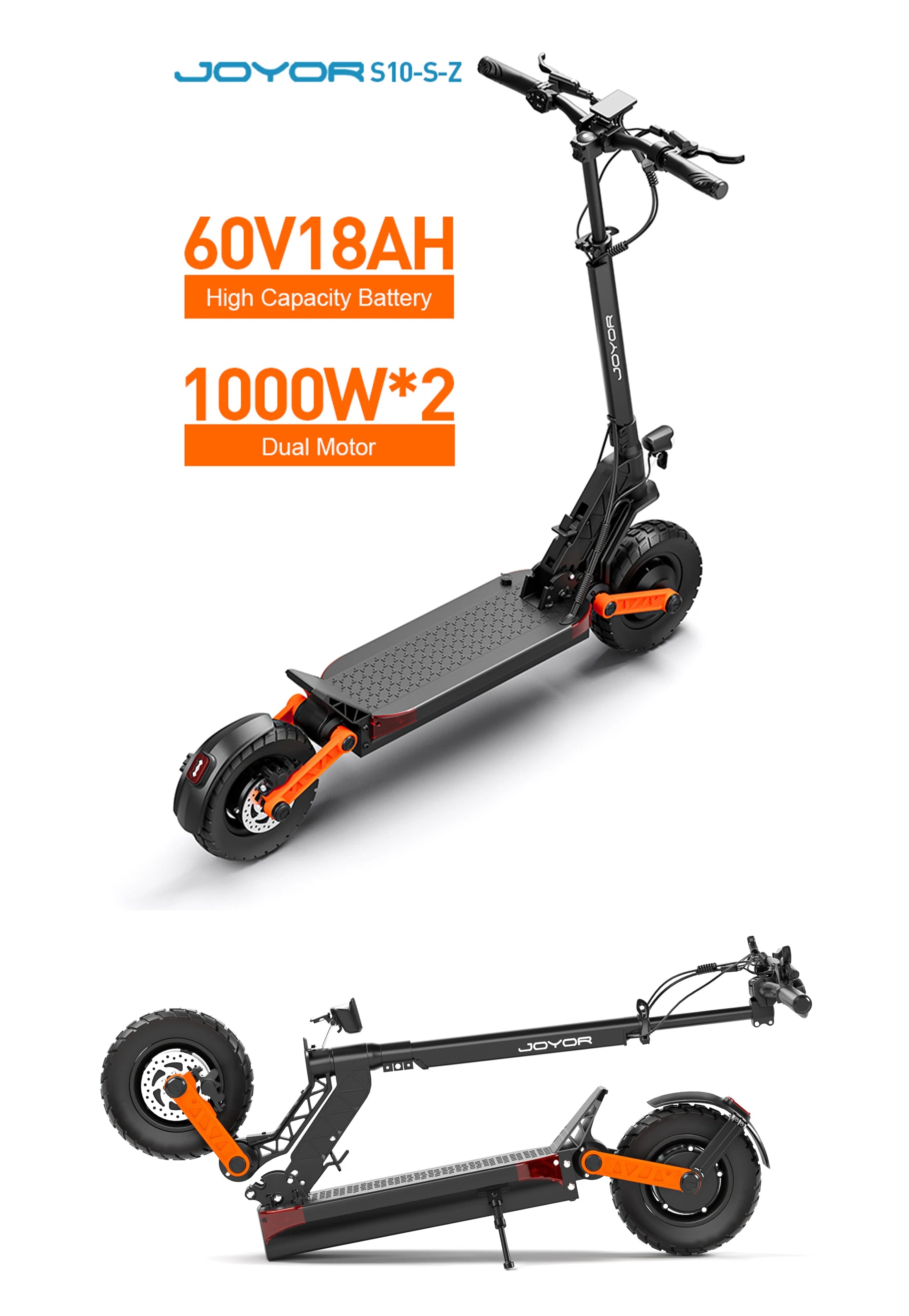JOYOR S10-S-Z E-Scooter 60V 18Ah Doppelmotor 2000W 10 Zoll Reifen Erwachsenen E-Scooter Schwarz Höchstgeschwindigkeit 65km/h Reichweite 70-85km
